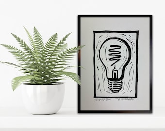 Inspiration Lightbulb Linocut Print - Artist Studio Decor - Creative Spark Wall Art - Hand-Pulled Relief Print