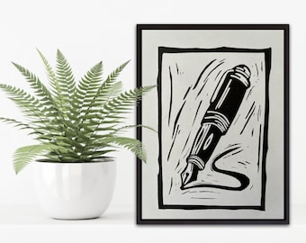 Fountain Pen Linocut Print, Black White Minimalist Art, Hand-Carved Block Print
