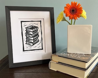 Original Linocut Book Stack Print, Black Ink, Dark Academia Decor