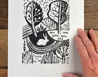 Rabbit in the Rain Linocut Print | Original Hand Pulled Block Print | Woodland Rabbit Art | Black and White Nature Print | Cottagecore Decor