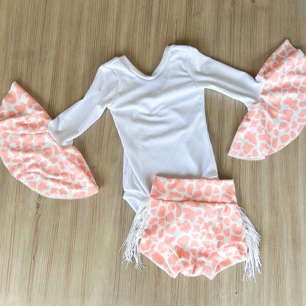 Peach Disco cowgirl first outfit, Howdy YeeHaw Bell Sleeve Leo, Light Pink Cowspot Leo Bodysuit for Toddler Baby Girl, 1st 2nd birthday