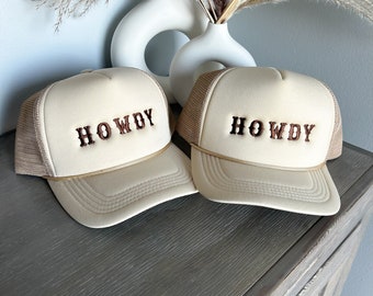 Tan Howdy Embroidered Hat for Western Wear, Western Cowgirl Trucker Hat for Women, Bachelorette Nashville Hats, Spring Summertime Cap