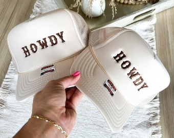 Light Tan Howdy Embroidered Hat for Western Wear, Western Cowgirl Trucker Hat for Women, Bachelorette Nashville Hats, Spring Summertime Foam