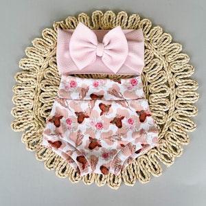 Western baby girl bummie clothing - handmade custom highland cow print - Texas toddler - cow print shorties - baby shower gift - pink bow