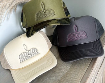 Cowboy Embroidered Boot Stitch Pattern Trucker Hat, Western Wear for Country Concert, Punchy Cap, Cowgirl Hat for her, Trucker Bootstitch