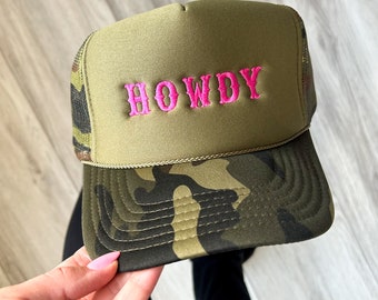 Camo HOWDY Cowgirls Trucker Hat  - Foam Vintage Trucker Hat Unisex Adult Size, cowboy inspired hat for western wear, pink bach party cap