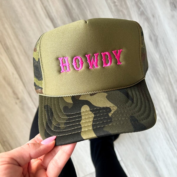 Camo HOWDY Cowgirls Trucker Hat  - Foam Vintage Trucker Hat Unisex Adult Size, cowboy inspired hat for western wear, pink bach party cap