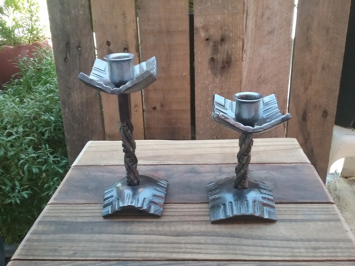 Pair of Hand Iron Candlestick Holders Blacksmith Etsy