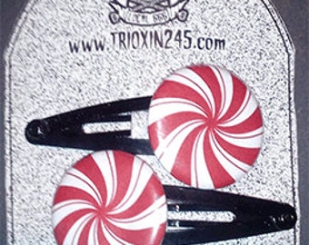 1" Peppermint button Hairclips, Psychobilly, Goth, Punk, Rockabilly