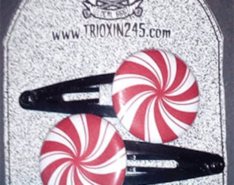1" Peppermint button Hairclips, Psychobilly, Goth, Punk, Rockabilly