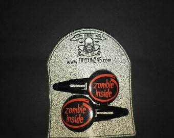 1" Little "Zombie Inside" button Hairclips, Psychobilly, Goth, Punk, Rockabilly