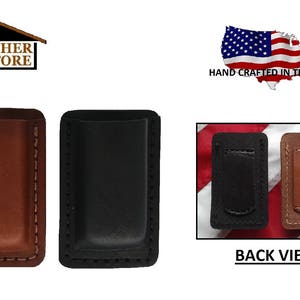 May include: Two leather cases for a lighter or small pocket knife. The cases are brown and black and have a stitched edge. The back of the cases are shown in the image. The text "BACK VIEW" is printed below the cases.