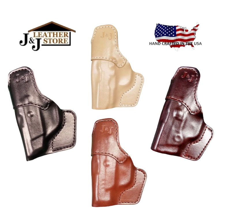 May include: Four leather gun holsters in black, tan, brown, and burgundy. Each holster is stamped with "J & J". The image includes the text "Leather Store" and "Hand Crafted in the USA".
