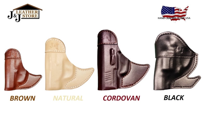 May include: Four leather holsters in different colors: brown, natural, cordovan, and black. Each holster has a J&J logo embossed on the side. The holsters are handcrafted in the USA.