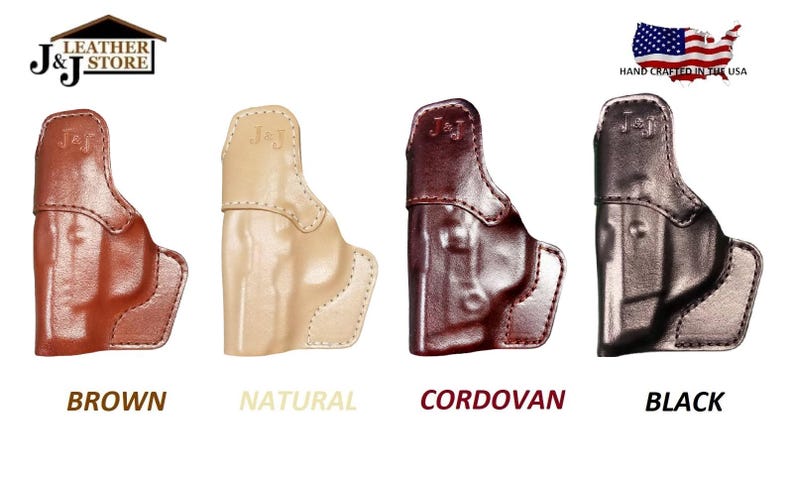 May include: Four leather holsters in brown, natural, cordovan, and black. Each holster is a different colour and has the "J&J" logo. The American flag and "Hand Crafted in the USA" text are in the upper right corner.