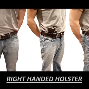May include: A series of three images showing a right-handed holster worn on a person's waist. The holster is black and is attached to a black leather belt. The person is wearing blue jeans and a gray t-shirt. The text "RIGHT HANDED HOLSTER" is at the bottom.