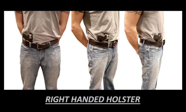 May include: A series of three images showing a right-handed holster worn on a person's waist. The holster is black and is attached to a black leather belt. The person is wearing blue jeans and a gray t-shirt. The text "RIGHT HANDED HOLSTER" is at the bottom.