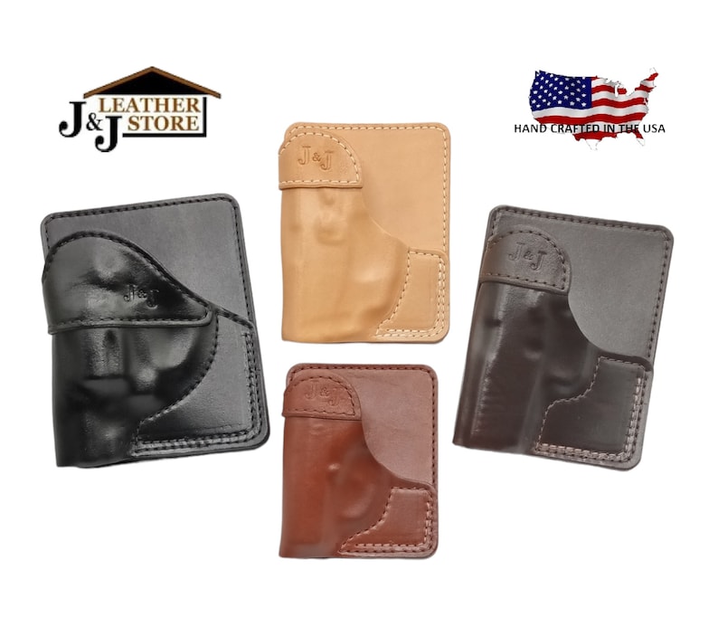 May include: Four leather gun holsters in different colors: black, brown, tan, and dark brown. Each holster has a pocket for a gun and a J&J logo embossed on the front. The holsters are hand-crafted in the USA.