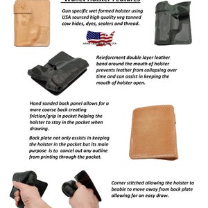 May include: A brown leather wallet holster with a stitched edge and a hand-sanded back panel. The holster is designed to hold a gun and features a reinforcement band around the mouth to prevent the leather from collapsing. The text "HAND CRAFTED IN THE USA" is visible on the holster.
