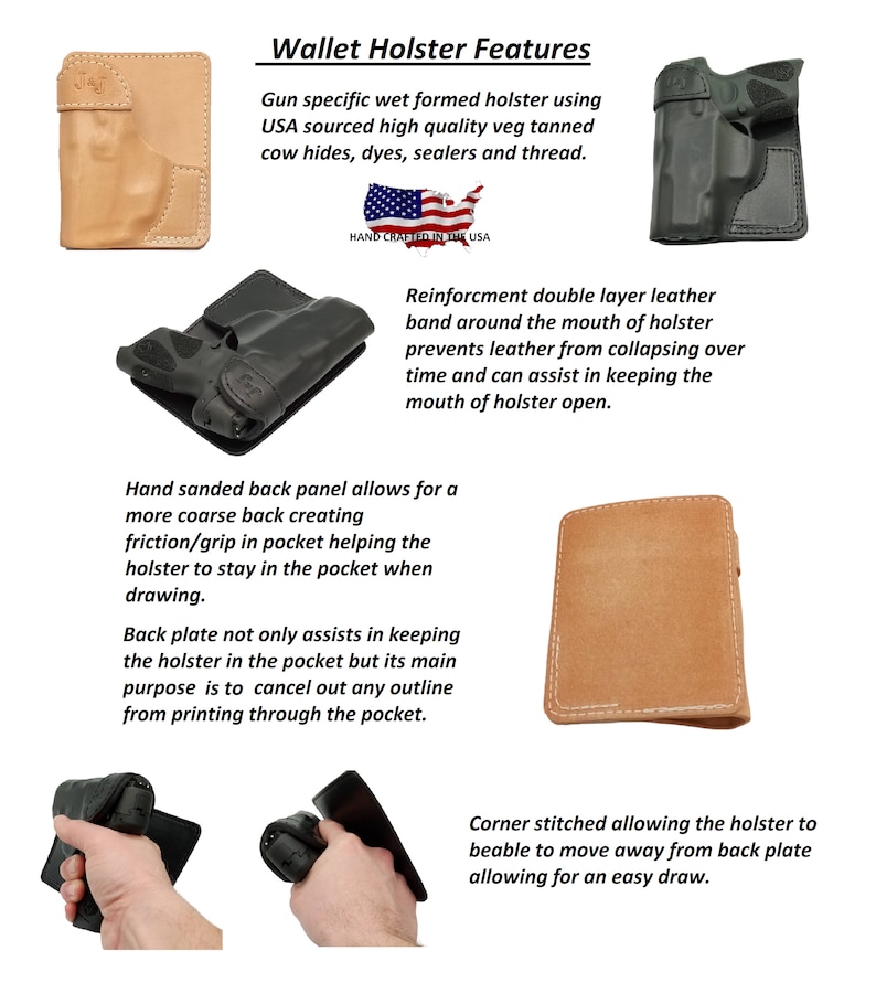 May include: A brown leather wallet holster with a stitched edge and a hand-sanded back panel. The holster is designed to hold a gun and features a reinforcement band around the mouth to prevent the leather from collapsing. The text "HAND CRAFTED IN THE USA" is visible on the holster.