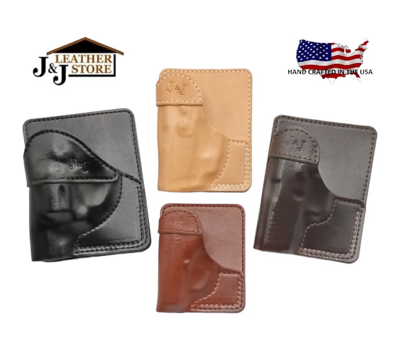 May include: Four leather gun holsters in different colors: black, brown, tan, and dark brown. Each holster has a pocket for a gun and a J&J logo embossed on the front. The holsters are hand-crafted in the USA.