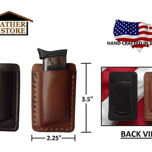 May include: Two leather magazine holders, one brown and one black, with a 3.5 inch height and 2.25 inch width. The holders are shown with the back side facing the viewer. The text "BACK VIEW" is printed below the holders.