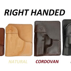 May include: Four leather gun holsters in different colors: brown, natural, cordovan, and black. The holsters are designed for right-handed users. The text "RIGHT HANDED" is displayed above the holsters. The text "J&J LEATHER STORE" is displayed in the top left corner of the image. The text "HAND CRAFTED IN THE USA" is displayed in the top right corner of the image.