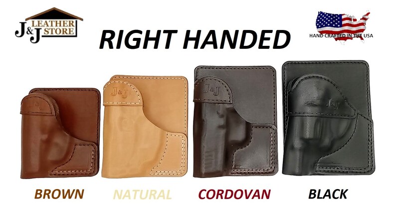 May include: Four leather gun holsters in different colors: brown, natural, cordovan, and black. The holsters are designed for right-handed users. The text "RIGHT HANDED" is displayed above the holsters. The text "J&J LEATHER STORE" is displayed in the top left corner of the image. The text "HAND CRAFTED IN THE USA" is displayed in the top right corner of the image.