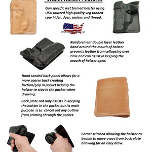 May include: A brown leather wallet holster with a stitched edge and a hand-sanded back panel. The holster is designed to hold a gun and features a reinforcement band around the mouth to prevent the leather from collapsing. The text "HAND CRAFTED IN THE USA" is visible on the holster.