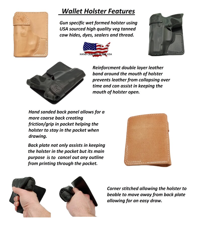 May include: A brown leather wallet holster with a stitched edge and a hand-sanded back panel. The holster is designed to hold a gun and features a reinforcement band around the mouth to prevent the leather from collapsing. The text "HAND CRAFTED IN THE USA" is visible on the holster.