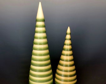 Large pair GREEN FRINGED Holiday Christmas Trees, Handmade From Upcycled Wood