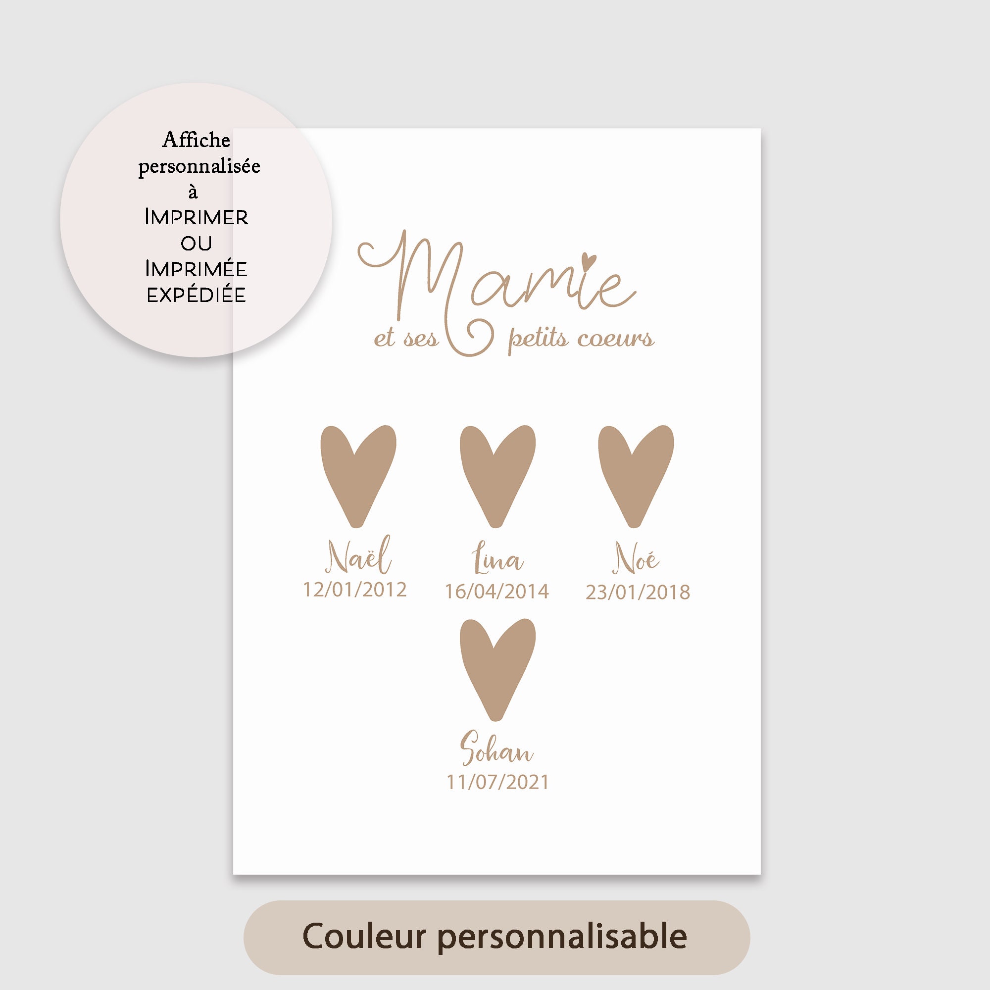 Affiche Décorative Mamie et Ses Petits Cœurs, Personnalisable Prénoms Enfants Impression ou Téléchar