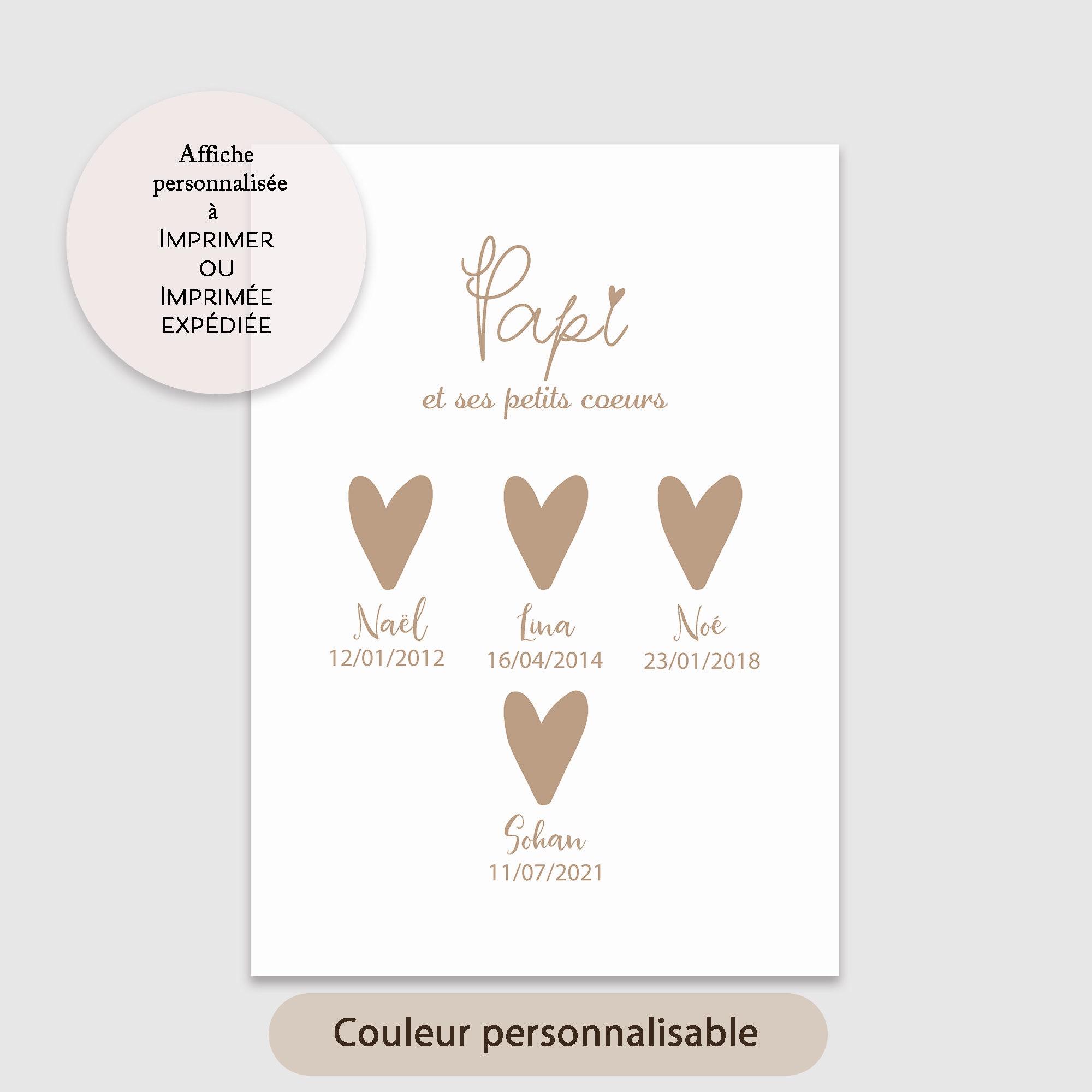 Affiche Décorative Papi et Ses Petits Cœurs, Personnalisable Prénoms Enfants Impression ou Télécharg