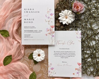 Floral Wedding Invitation & Thank You Card Template Bundle, Download Editable Invitation, Printable Wedding Invitation