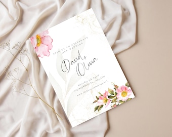Pink Floral Wedding Invitation Template, Download Editable Invite, Printable Wedding Invitation