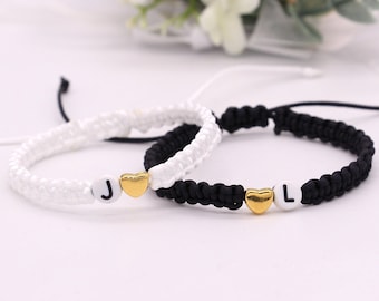 Bracelets d'amour avec coeur et initiale, bracelets assortis, bracelet noué réglable personnalisé, bracelet de jumeaux, bracelet d'amitié