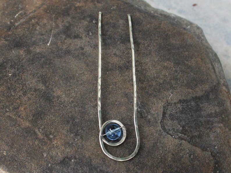 Hand Forged Jewelry Bun Pin U Hairpin Blue Hair Stick U Hair Pin Hair Fork Nickel Silver Bun Holder Hair Stick Women Gift for Her