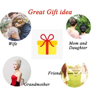May include: A yellow gift box with a red ribbon and bow. The text "Great Gift idea" is above the box. The image shows different people who could be gifted this item, including a wife, a mother and daughter, a friend, and a grandmother.