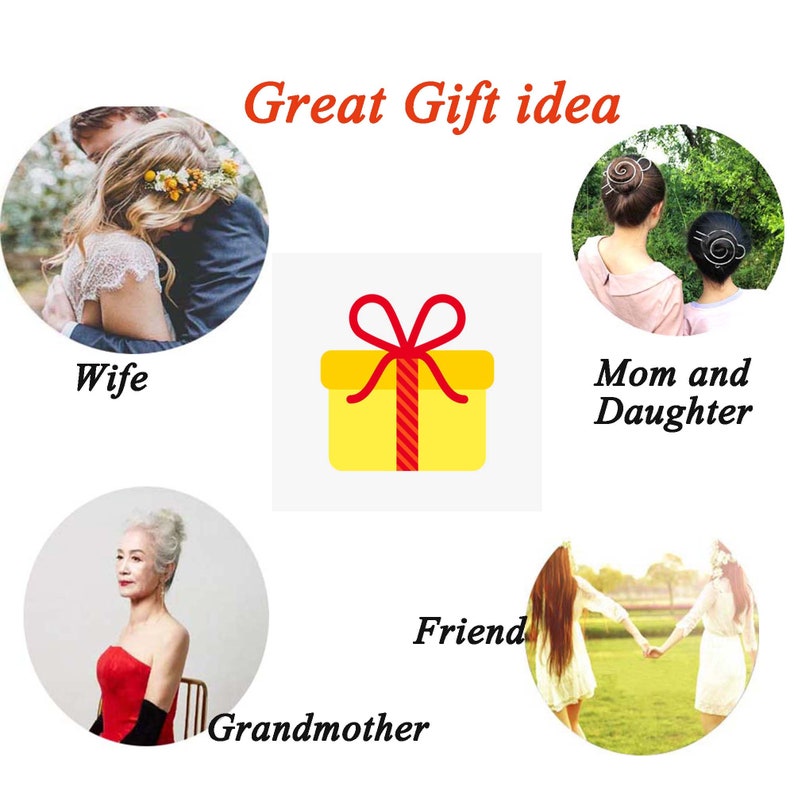 May include: A yellow gift box with a red ribbon and bow. The text "Great Gift idea" is above the box. The image shows different people who could be gifted this item, including a wife, a mother and daughter, a friend, and a grandmother.