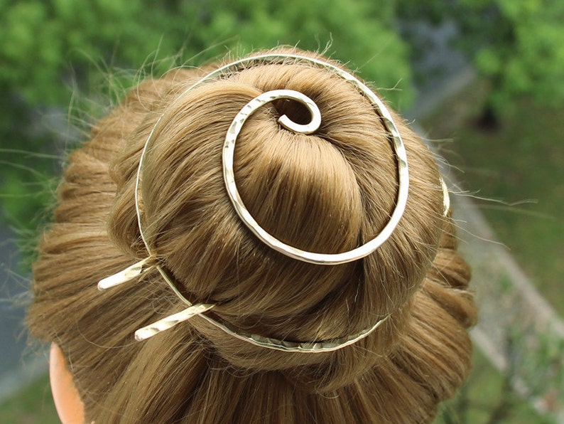 Hair Bun Cage with Hair Fork, Hair Accessories for Women Gift, Gold Hair Clip for Thick Hair, Large Hair Barrette Bun Holder Spiral hair pin Brass