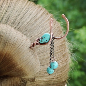 Hair Fork with Turquoise, Skull Hair Stick, Metal Hair Pin, Copper Hair Stick, Twist Hair Jewelry, Hair Decoration Skull Hair Accessories