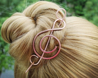 Copper Treble Clef Hair Pin, Music Barrette Stick
