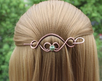 Celtic Knot Copper Hair Clip with Green Bead, Viking Hair Barrette