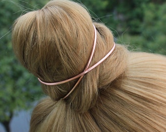 Pince à cheveux en cuivre, manchette de cheveux en or rose, porte-chignon, anneau de chignon de manchette de chignon croisé, bijoux de cheveux accessoires de cheveux pour adultes, chignon désordonné, cadeau de Noël