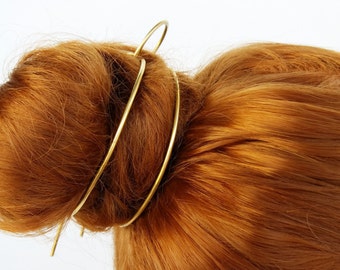 Gold Hair Cuff, Bun or Ponytail Holder with Hair Fork, Brass Hair Cage Bun, Messy Bun, Women’s Gold Cuff, Gift for Long Hair Ladies