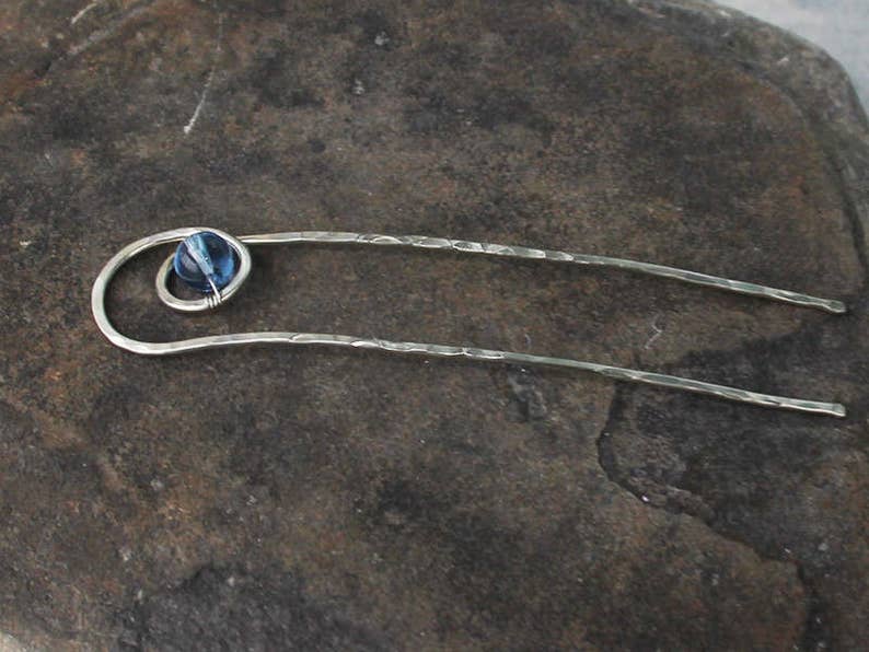 Hand Forged Jewelry Bun Pin U Hairpin Blue Hair Stick U Hair Pin Hair Fork Nickel Silver Bun Holder Hair Stick Women Gift for Her