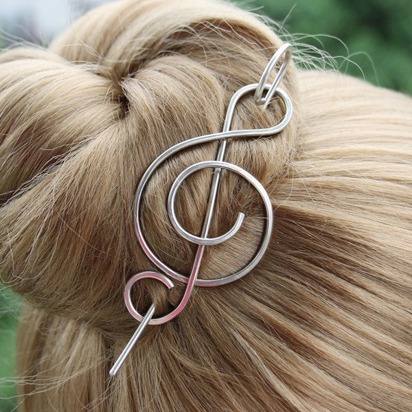 Sterling Silver Hair Clip, Music Note Hair Slide Metal Hair Pin, Treble Clef Shawl Pin Scarf pin, Fastener Closure, Musician Gift, Under 100