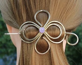 Celtic Hair Clip for Women, Hand Forged Gold Hair Barrette, Brass Hair Slide Hair Stick, Metal Hair Pin with Purple Chalcedony, Hair Jewelry