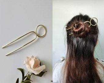 Minimal Geometric Hair Fork, Large Metal Hair Pin, Bun Holder, Handmade Brass Hair Pick, Hair Stick for Long Hair Accessories, Women Gift