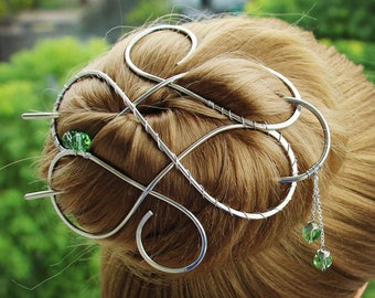 Classy Bun Holder, Celtic Hair Bun Cover With U Hair Fork, Silver BunCage, Bridal Hair Jewelry, Large Hair Clip for Bun